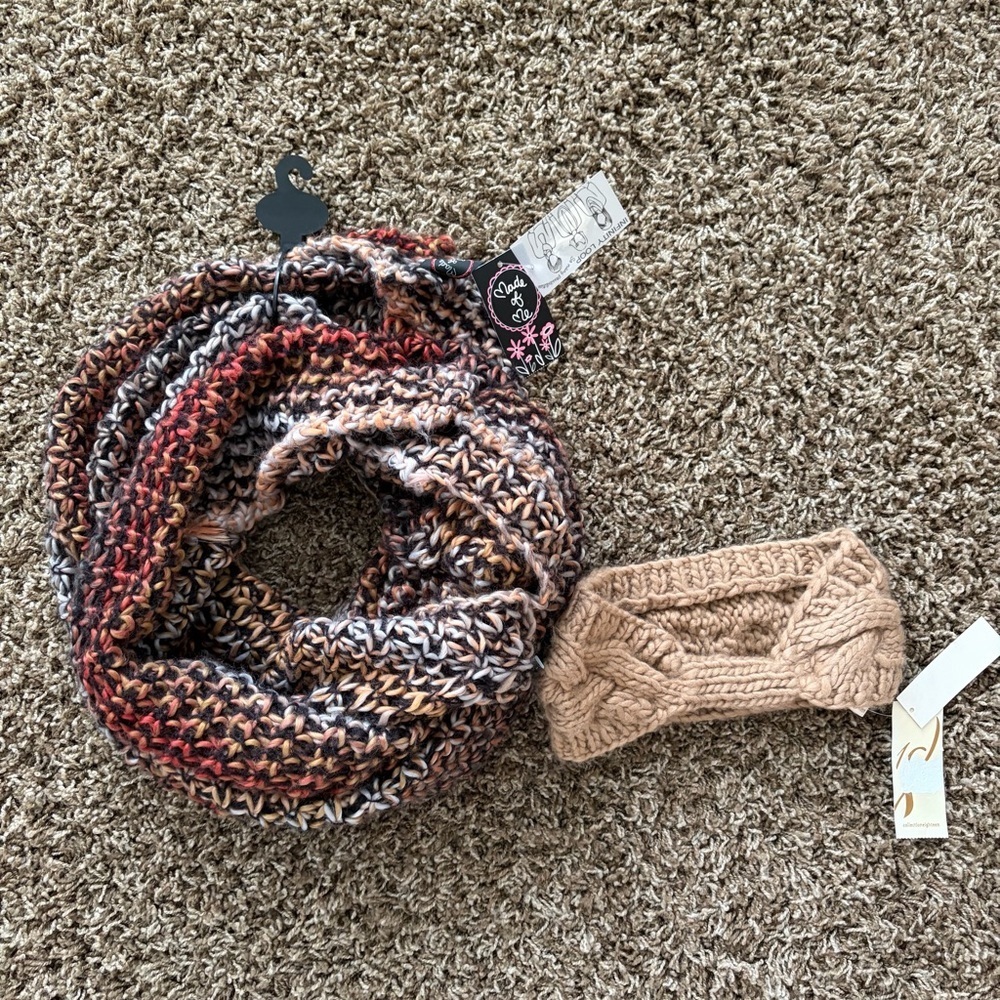 Multicolor Knit Scarf and Tan Headband Set